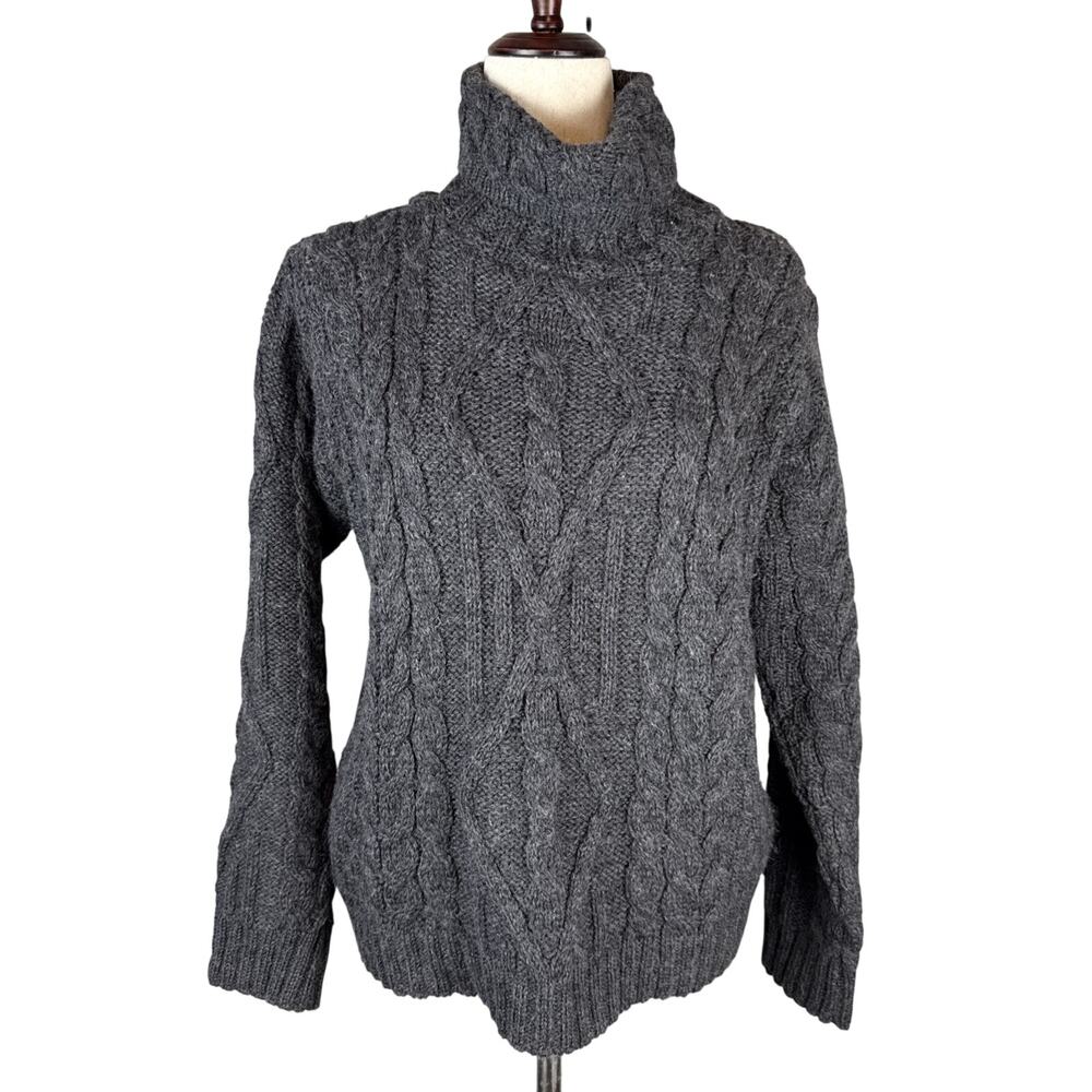 Inis Crafts Chunky Cable Knit Turtleneck Sweater Size S Heather Gray Merino Wool